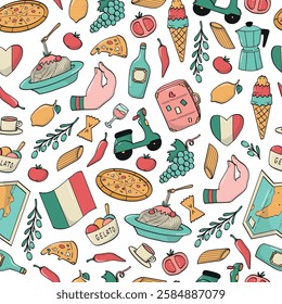 Italian doodles seamless pattern for wallpaper, backgrounds, digital paper, stationery, planners, wrapping paper, social media, etc. Travel theme. EPS 10