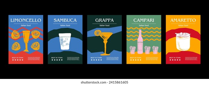 Ilustración vectorial del conjunto de bebidas italiano. Limoncello grabado, sambuca, grappa, campari, amaretto repleto de platos tradicionales, caseros 