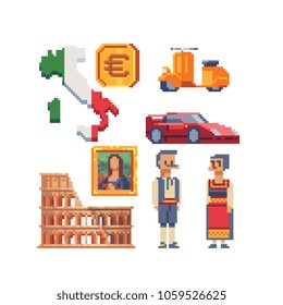 Italian elements pixel art set part 4, theme of Italy icons. National flag boots, woman and man in tradition costume, Colosseum landrmark, car, motorbike. 8-bit sprite. Design for logo, sticker, app.