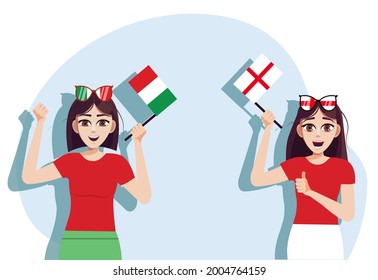 Italian and English flags. Background for the inscription with flags. The concept of the competition between Italy and England. Feelings and emotions of female cheerleaders. Vector illustration.