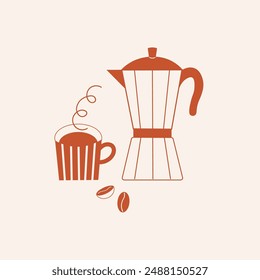 Italian espresso coffee with cup hand drawn vector illustration. Sign with Moka Pot Italian espresso machine for logo cafe, card, poster. Coffee cup decorative border design. Hot drink, morning