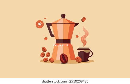 Italian espresso coffee with cup hand drawn vector illustration. Sign with Moka Pot Italian espresso machine for logo cafe, card, poster. Coffee cup decorative border design. Hot drink, morning