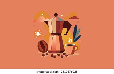 Italian espresso coffee with cup hand drawn vector illustration. Sign with Moka Pot Italian espresso machine for logo cafe, card, poster. Coffee cup decorative border design. Hot drink, morning