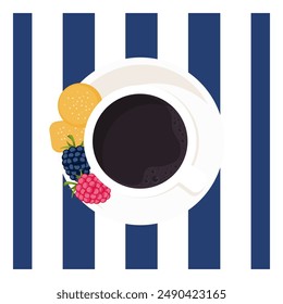 Italian espresso. Cup of black coffee, top view on marine striped background. Minimalistic poster. Vector flat illustration