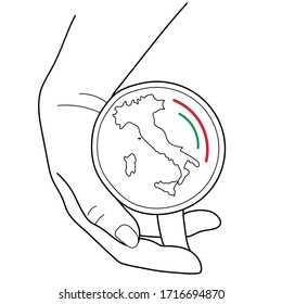 Italian espresso. Hand is holding coffee mug with map of Italy and flag. Print black and white design. Banner template. Simple outline illustration. Line drawing