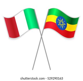 Italian and Ethiopian crossed flags. Italy combined with Ethiopia isolated on white. Language learning, international business or travel concept.