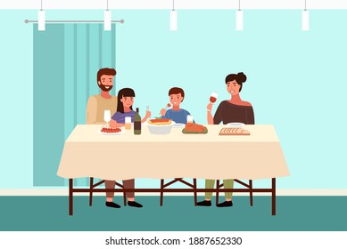 Italian family at home vector illustration. Dining table with pasta and snack. Arrangement of furniture. People eating italian food in apartment. Parents drink wine. Children with forks in their hands