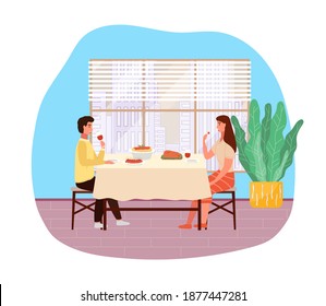 Italian family is spending time together. Dining table with pasta and snack. People are eating traditional italian dishes. Characters are drinking wine. Couple on a date in food establishment