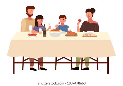 Italian family together. Dining table with pasta and snack. People are eating italian food. Parents are drinking wine. Children with forks in their hands. Relatives isolated on white background
