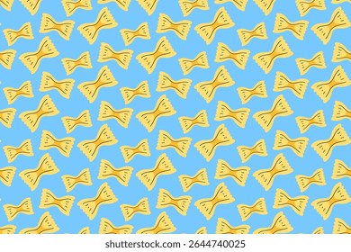 Italiano farfalle macarrão colorido padrão doodle no fundo azul. Fundo padrão sem emenda de massa farfalle. Farfalle isolado papel de parede motivo. Comida, restaurante, gourmet. Ilustração vetorial