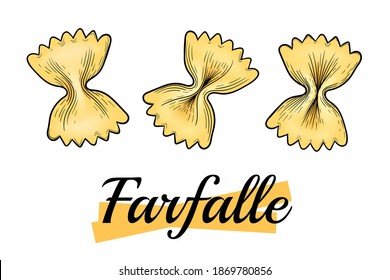 Italian Farfalle pasta. A hand-drawn sketch in the style of an engraving in color. Traditions of Italian cuisine. For menu design, packaging, etc. Vector drawing isolated on a white background.