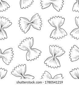 Italian Farfalle pasta, seamless pattern. Hand-drawn sketch in the style of engraving. Traditions of Italian cuisine. For menu design, packaging, etc. Vector drawing isolated on a white background.