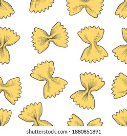 Italian Farfalle pasta, seamless pattern. Hand-drawn sketch of engraving in color. Vector drawing isolated on a white background. Traditions of Italian cuisine. For menu design, packaging, etc. 