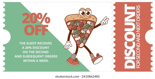 Italian fast food piece character pizza. Coupon promotion, discount banner, gift voucher. Retro colors. Flat style. Vector illustration.