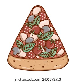 Italian fast food piece. Pizza with mushrooms, pepperoni, tomatoes, basil, mozzarella. Retro colors. Flat style. Vector illustration.