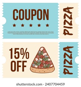 Italian fast food piece pizza. Coupon promotion, discount banner, gift voucher. Retro colors. Flat style. Vector illustration.