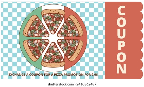 Italian fast food piece pizza. Coupon promotion, discount banner, gift voucher. Retro colors. Flat style. Vector illustration.