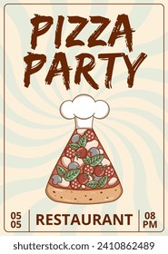 Italian fast food piece. Pizza with mushrooms, pepperoni, tomatoes, basil, mozzarella. Poster Pizza Party. Vector illustration.