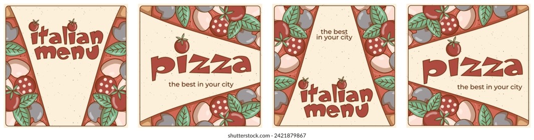 Italian fast food piece pizza. Set of poster, card, flyer. Template for cafe, restaurant or food delivery service. Vector illustration.