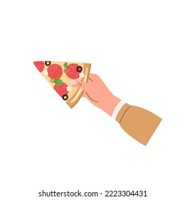 Italian fast food pizza with salami, cheese, and olives. Triangle salami pizza slice in hand isolated on white background. Vector illustration 