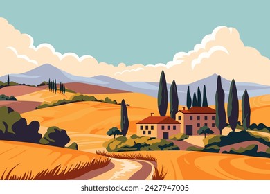 Italian fields landscape. Cartoon countryside panorama with Tuscany hills and village houses, rural valley with trees and mountains. Vector illustration.