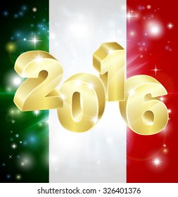 An Italian flag with 2016 coming out of it with fireworks. Concept for New Year or anything exciting happening in Italy in the year 2016.