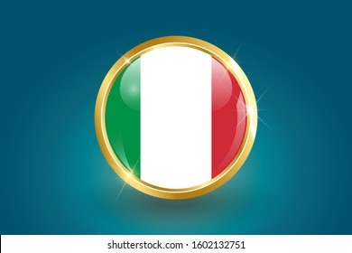 Italian flag in 3D circle frame, can be used for independence day or any other events. gold glossy badge. vector illustration. EPS 10.

