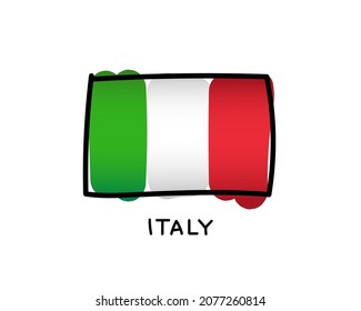 Italian flag. Italian flag colorful logo. Freehand green, white and red brush strokes. Black outline. Vector illustration isolated on white background.