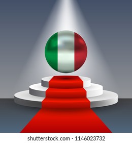 Italian flag depicted on a metal ball. 3D podium with the red carpet.
