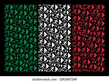 Italian flag flat collage created of exit direction icons on a black background. Vector exit direction design elements are united into conceptual Italy flag abstraction.