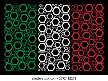 Italian flag flat collage created from contour hexagon icons on a black background. Vector contour hexagon elements are organized into conceptual Italy flag illustration.