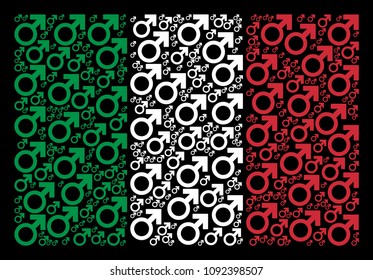 Italian flag flat composition combined from Mars symbol icons on a black background. Vector Mars symbol design elements are organized into abstract Italy flag composition.