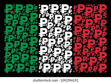 Italian flag flat concept combined with rouble items on a black background. Vector rouble symbols are arranged into conceptual Italian flag illustration.