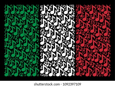 Italian flag flat mosaic created of musical note items on a black background. Vector musical note pictograms are combined into abstract Italian flag composition.