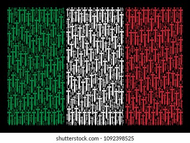 Italian flag flat mosaic designed from medieval sword items on a black background. Vector medieval sword symbols are grouped into abstract Italian flag abstraction.