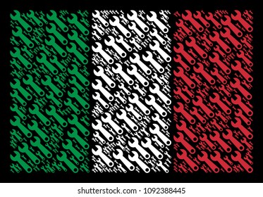 Italian flag flat mosaic done with wrench icons on a black background. Vector wrench elements are composed into conceptual Italian flag abstraction.