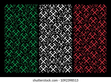 Italian flag flat mosaic formed from mining hammers items on a black background. Vector mining hammers pictograms are united into geometric Italy flag illustration.
