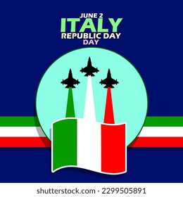 The Italian flag fluttering with three planes emitting colorful smoke with ribbon and bold text on dark blue background to commemorate Italy Republic Day on June 2