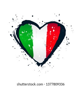 Italian flag in the form of a big heart. Vector illustration on white background. Brush strokes drawn by hand. Independence Day.