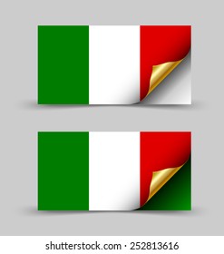 Italian flag with golden curled corner on grey background