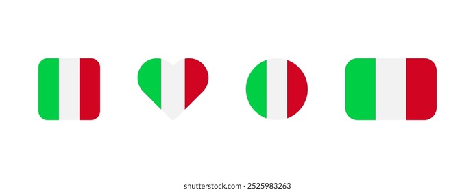 Italian flag icon. Flag of Italy vector sign. Italian national banner. Emblem of Italy. Banner of Italia in four different shapes: square, heart, circle and rectangle. Rome symbol.