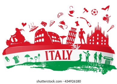 italian flag ink background with silhouette symbol set