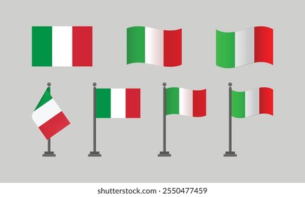 Italian flag. Italian flag on pole with wave effect. Italian flag with flat illustration design. Variations of the Italian flag design.