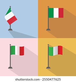 Italian flag. Italian flag on pole with wave effect. Italian flag with flat illustration design. Four variations of the Italian flag design.