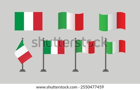 Italian flag. Italian flag on pole with wave effect. Italian flag with flat illustration design. Variations of the Italian flag design.