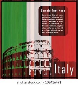 Italian flag on wooden texture with the Colosseum and text