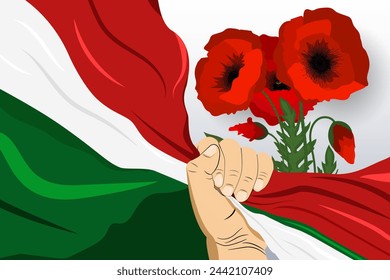 Italian flag, poppy flowers banner, background, poster, card, Italy National holiday template layout