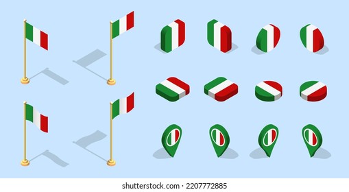 Italian flag (Republic of Italy). 3D isometric flag set icon. Editable vector for banner, poster, presentation, infographic, website, apps, maps, and other uses.