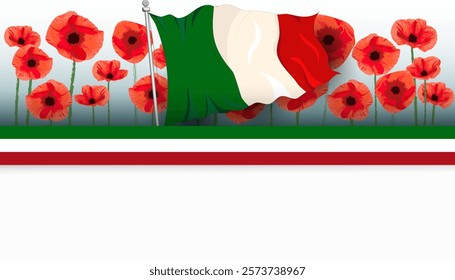 Italian flag ribbon, poppies flowers banner, background, poster, card, Italy National holiday template layout for advertising