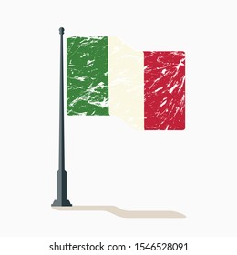 Italian flag with scratches, vector flag of Italy waving on flagpole with shadow.